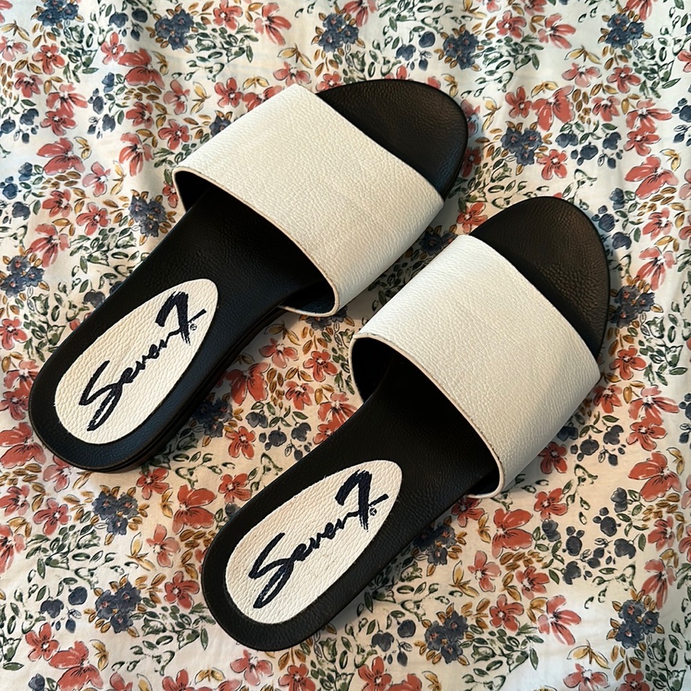 White & black slide sandals